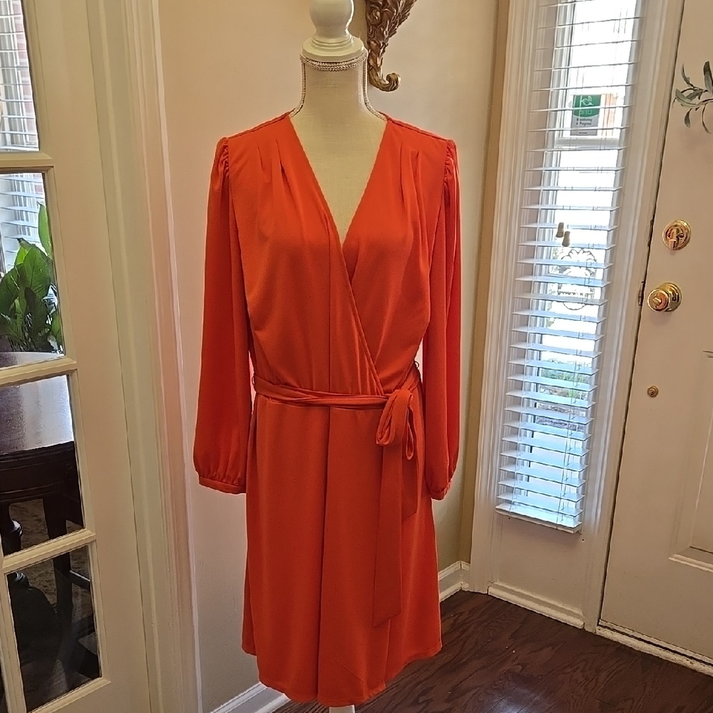 Lauren Ralph Lauren Elegant Coral Faux Wrap Dress Vneck Long Slv Stretch 16W EUC